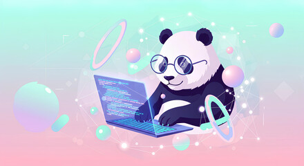Smart Panda wearing Glasses Working on Laptop with Glowing Network Graphics