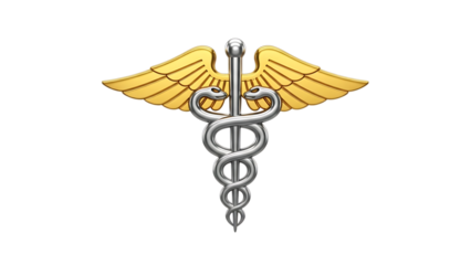 Golden caduceus symbol, with metallic texture and outspread wings, cutout, PNG isolated on white or transparent background