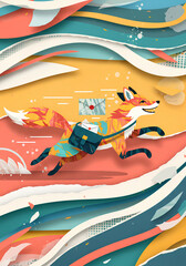 Whimsical Paper Cut Art of a Fox Mail Carrier Running Through Abstract Waves
