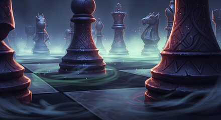 Close-Up of Ornate Stone Chess Pieces on a Dark Board with Mystical Mist
