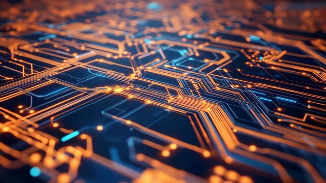 Closeup of a circuit board with orange and blue glowing lines on a dark background with technology and electronics concept 4k video