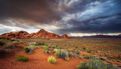 a vast desert landscape dramatic red rock formations under a stormy sky and low lying desert scrub