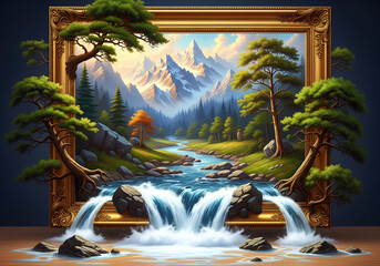 Majestic Mountain Landscape with Waterfall and Evergreen Trees Spilling Out of a Gold Frame