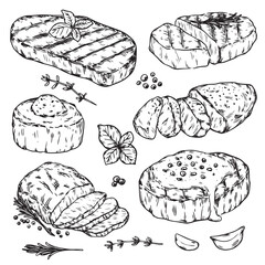 Collection of various kind of hand drawn meat steak outline drawing illustration