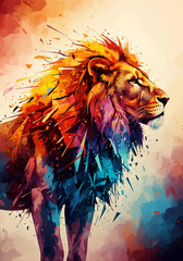 Side Profile of a Lion Portrait in Vibrant Watercolor Splatter Style