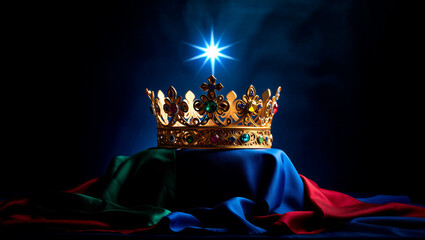 A majestic golden crown rests on a dark cloth illuminated by a brilliant guiding star shining brightly above it Twelfth Day 