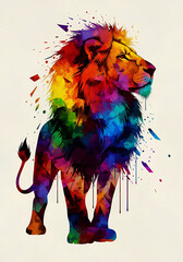 Full Body Standing Lion Illustration in Colorful Geometric and Splatter Art Style