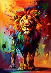 Stately Lion Standing Forward in a Bold Abstract Rainbow Polygon Art Style