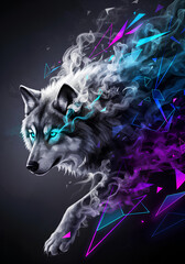 Majestic Wolf with Glowing Blue Eyes Emerging from Smoke and Geometric Shards