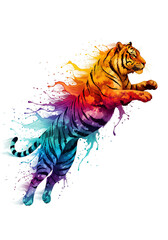 Leaping Tiger in a Dynamic Rainbow Watercolor and Ink Splash Style