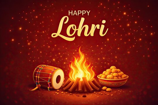 Traditional Lohri Festival Setup With Bonfire Sweets Grains And Diyas Decorative Harvest Celebration Scene On Festive Background