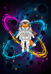 Cute Fox Astronaut Drifting in Cosmic Galaxy with Glowing Neon Rings and Dark Planets