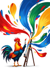 Creative Rooster Painter Standing by Easel with Exploding Vibrant Paint Swirls
