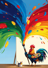 Rooster Artist Holding Large Brush Creating a Massive Splash of Multi-Colored Paint