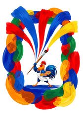 Whimsical Rooster Artist Painting Large Colorful Swirls with an Oversized Brush