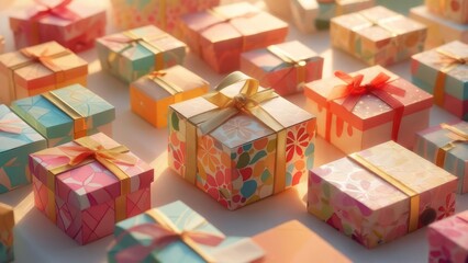 Array of colorful gift boxes with floral patterns, tied with ribbons, lit by sunlight