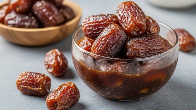 Sweet medjool dates preserved in syrup in a glass bowl with scattered fruits on a textured surface