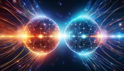 two glowing spheres connected by energy streams against a starry space background art concept