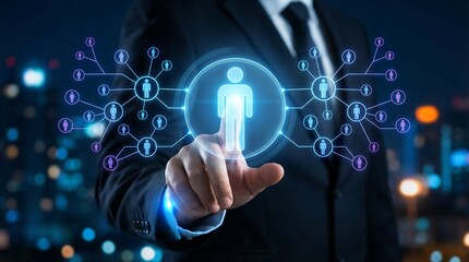 Fototapeta premium Businessman interacting with glowing network connections at night