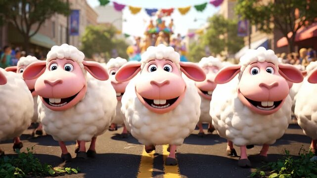 Cheerful Animated Sheep Parade Down a Vibrant Festive Street.