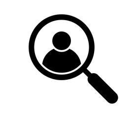Employee search icon with a magnifying glass focusing on a person, representing user search, employee finding, and identity verification
