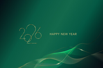 2026, Happy New Year. Luxury golden curved overlapping lines on green background. Premium design template.