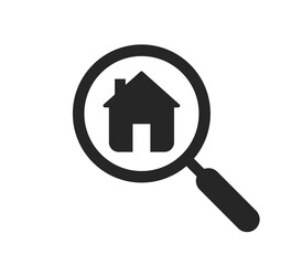 Home search icon with a magnifying glass focusing on a house, representing property search, real estate, and home finding