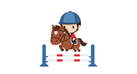 A delightful cartoon illustration of a young equestrian jumping a hurdle with their pony