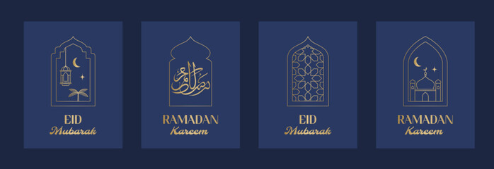Eid Mubarak Ramadan Kareem - Holy month greeting cards template on dark blue. Golden line icons. © yabluko_draws