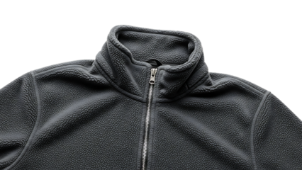 Close up of dark grey fleece jacket collar, with half zipper, cutout, PNG isolated on white or transparent background