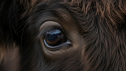 Highland Cow Eye Detail with Shaggy Fur Texture