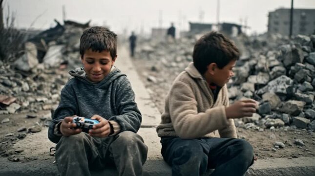 World War Orphans Day Two Smiling Boys Amidst War Rubble
