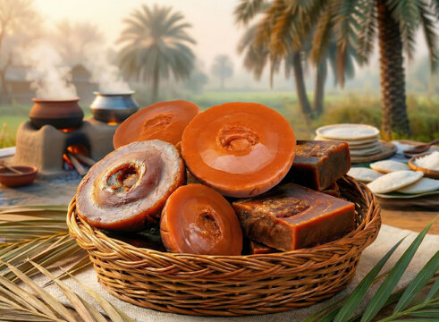 Khejur gur, traditional jaggery gur in a woven basket with palm trees and rural cooking setup in background