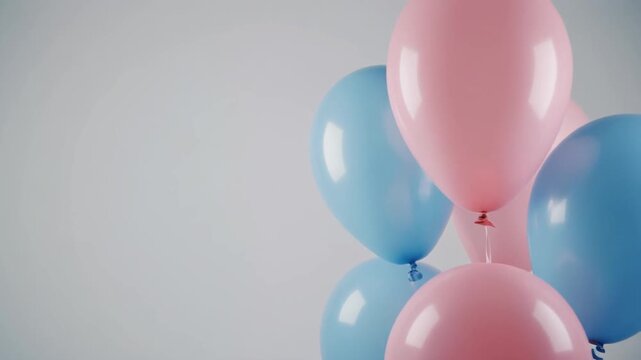 Cinematic slow motion of pastel pink and blue balloons floating gently against clean background