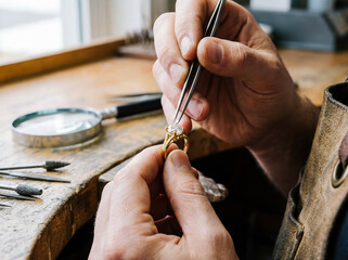 Jeweler hands repairing gold ring tweezers close up workshop luxury craft diamond setting precision metalwork jewelry making tool repair workbench detail view magnifying glass occupation art concept
