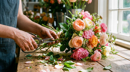 Florist hands arranging flower bouquet close up floral design shop decoration nature beauty colorful roses cutting stems scissors ribbon wrapping wedding gift celebration spring blossom worker concept