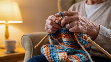Grandmother hands knitting wool scarf needles close up hobby handmade craft leisure relaxation elderly woman home cozy atmosphere yarn textile traditional creative warm clothing winter season activity