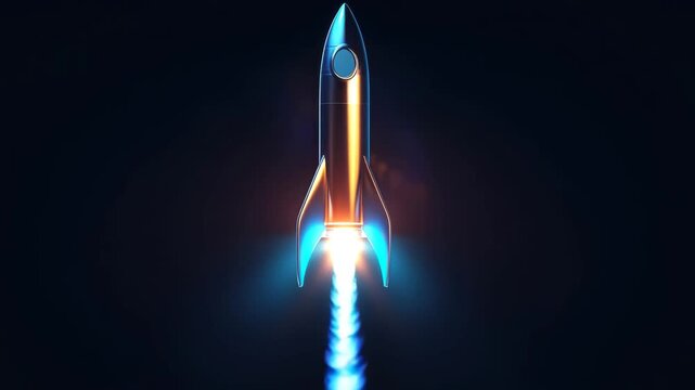 A sleek rocket ship blasting off into the dark blue night sky with a fiery glow 4k video