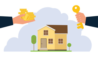 Buying house. Agent of real estate holding in hand house, key. Buyer, customer gives cash money.