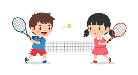 Animated children joyfully playing tennis in a friendly match on a bright court