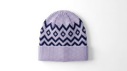 Knitted Beanie Hat with Geometric Pattern on White Background knitwear winter
