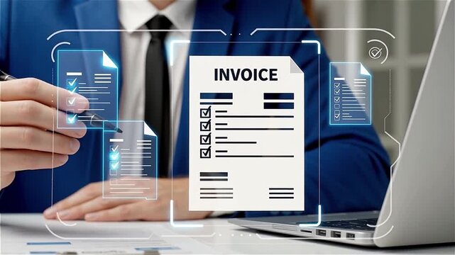 Invoice Processing and Verification. Businessman Signing Document with Digital Overlay for Financial Management Concept.

