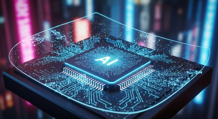 A futuristic AI chip with the letters 'AI' illuminated on it, set against a vibrant, neon-lit background.