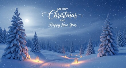 A serene winter landscape with snow-covered trees, glowing lanterns, and a full moon in the sky.