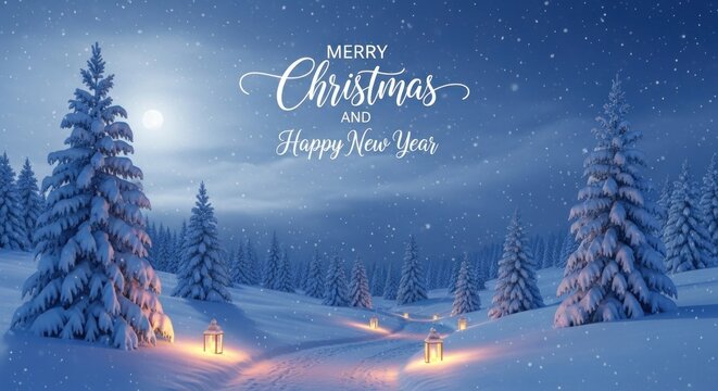A serene winter landscape with snow-covered trees, glowing lanterns, and a full moon in the sky. - Powered by Adobe