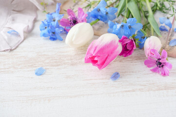 チューリップとデルフィニウムなど春の花の背景