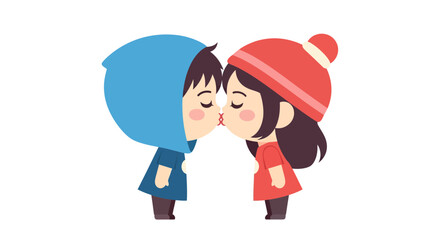 Cartoon-styled lovers sharing a tender kiss in adorable winter attire illustration