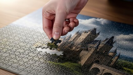 Close-up of a persons hand placing the final piece of a large jigsaw puzzle featuring a fantasy castle landscape, a relaxing and engaging hobby.