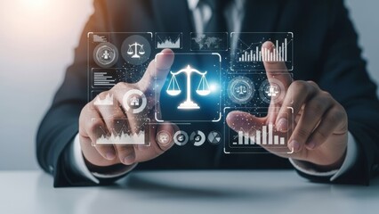 Man Interacting With Futuristic Legal Technology Interface (494) stock