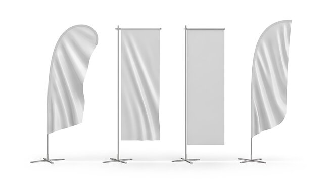Various blank white feather flags mockup isolated on white background, advertising banner shield, template for design, presentation, promotion